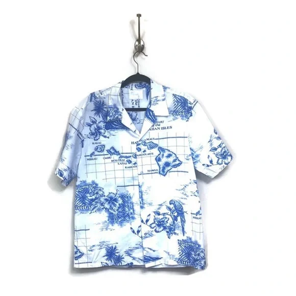 Vintage Howie Hawaiian Shirt White Blue XL - Picture 2 of 4